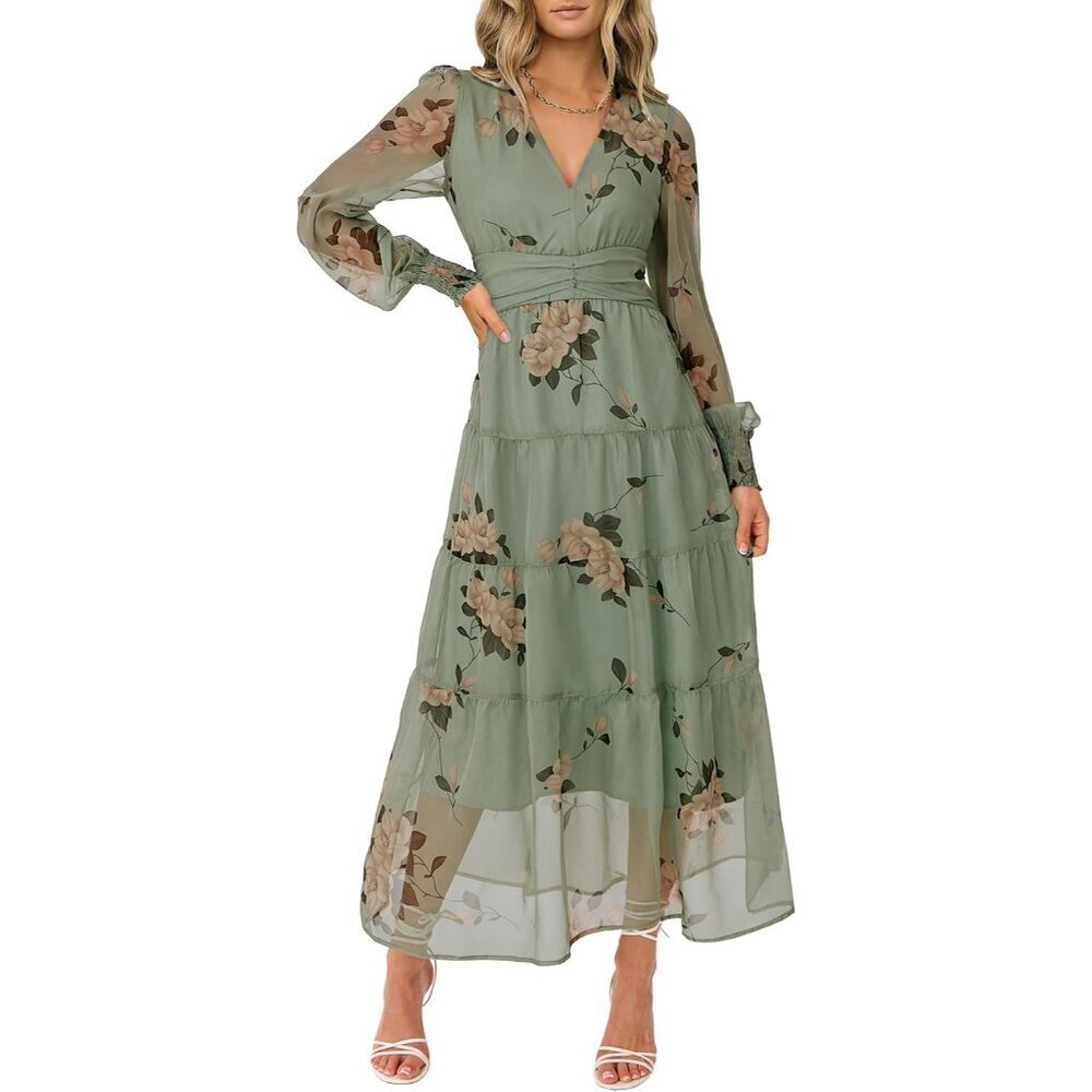 Womens Floral Long Sleeve Maxi Dress V Neck Chiffon Flowy Boho A-Line 2026 Sprin